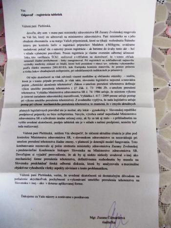 Odpoveď  z Ministerstva zdravotníctva SR k registrácii tabletiek Medabon a Mifegyne